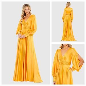 New MAC DUGGAL 67847 (20) Marigold Satin Split Bishop Sleeve Faux Wrap Dress$398